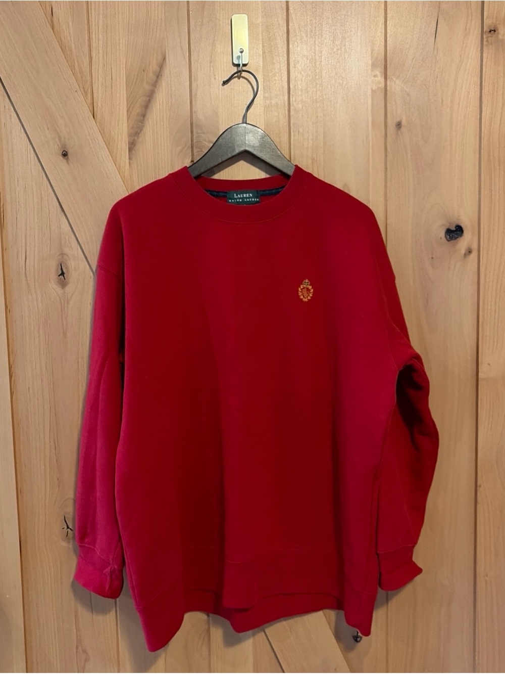 Vintage Ralph Lauren Red Cotton Knit Crewneck Crest Logo Sweater Large Unisex